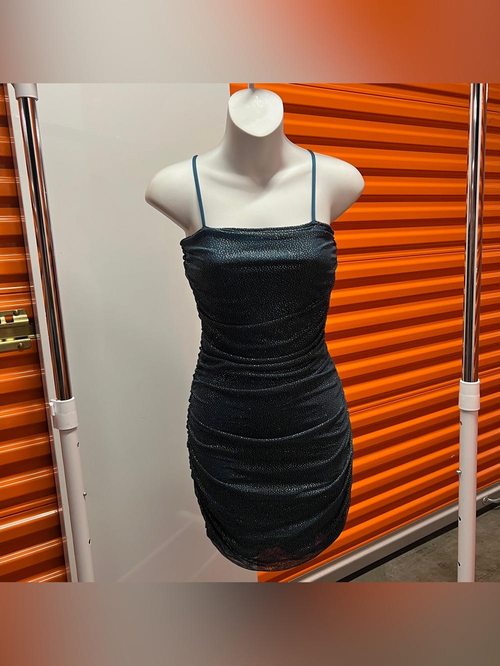 Teal Ruched Spaghetti Strap Dress with Silver Specks